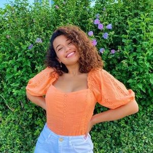 Puff Short Sleeve Cropped Eyelet Detail Top